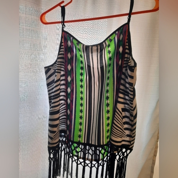 Bisou Bisou Tops - Bisou Bisou Green and Black Tank Top with Geometric Patterns
